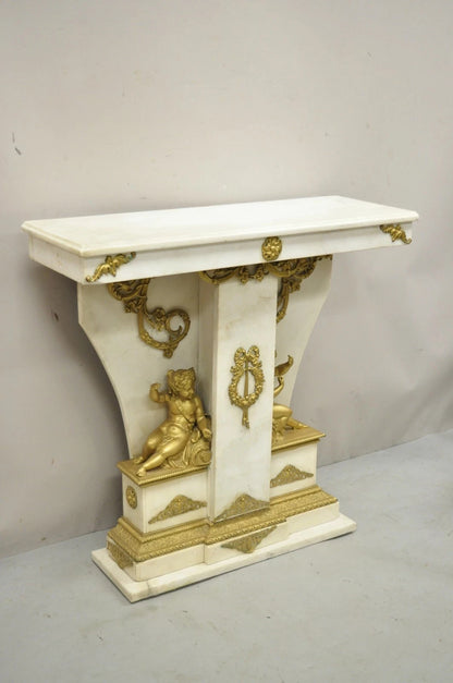 French Louis XV Style Marble & Figural Bronze Ormolu Console Table w/ Cherubs