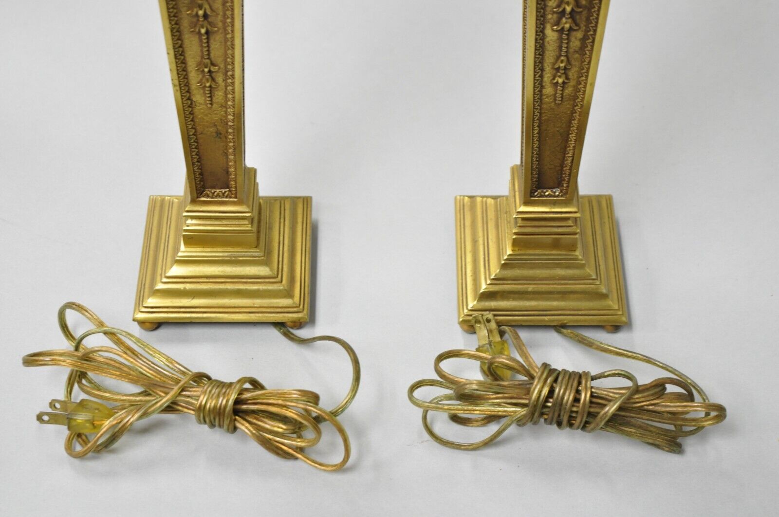 Antique French Empire Regency Rams Head Small Bronze Column Table Lamps - a Pair