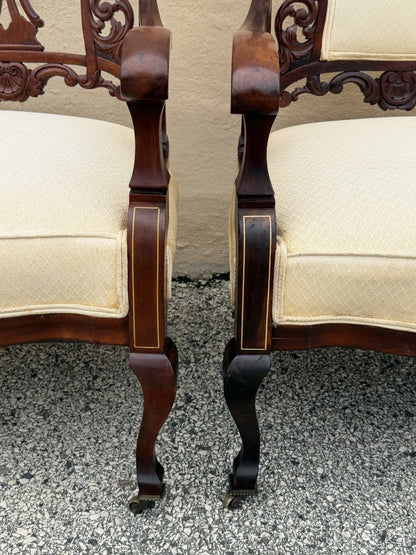 Antique Victorian Carved Mahogany Inlaid Parlor Set Sofa and 4 Chairs - 5 Pcs