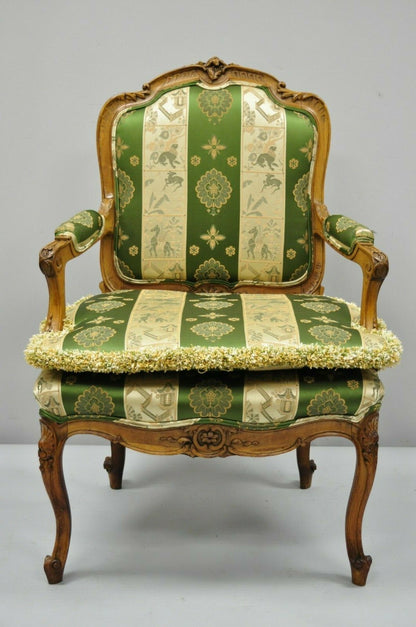 Antique French Louis XV Style Green & Gold Walnut Fauteuil Arm Chairs - a Pair
