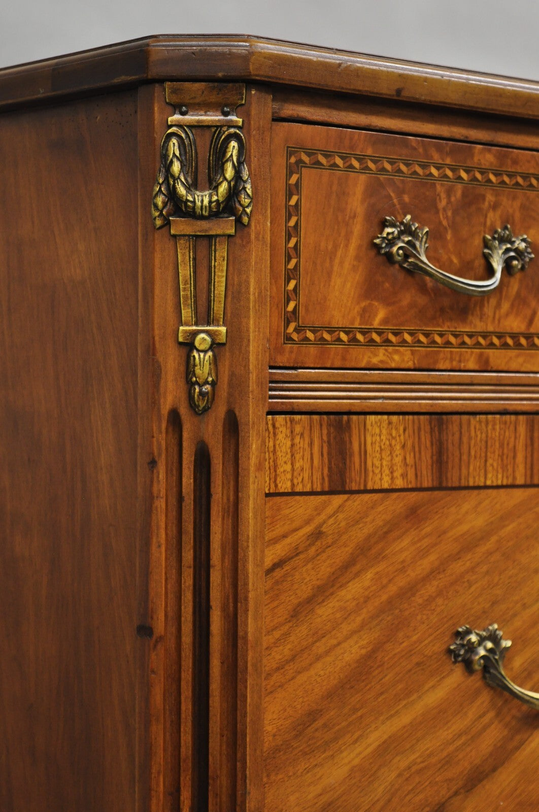 Antique French Louis XV Style Mahogany Satinwood Inlay 4 Drawer Dresser by Sligh
