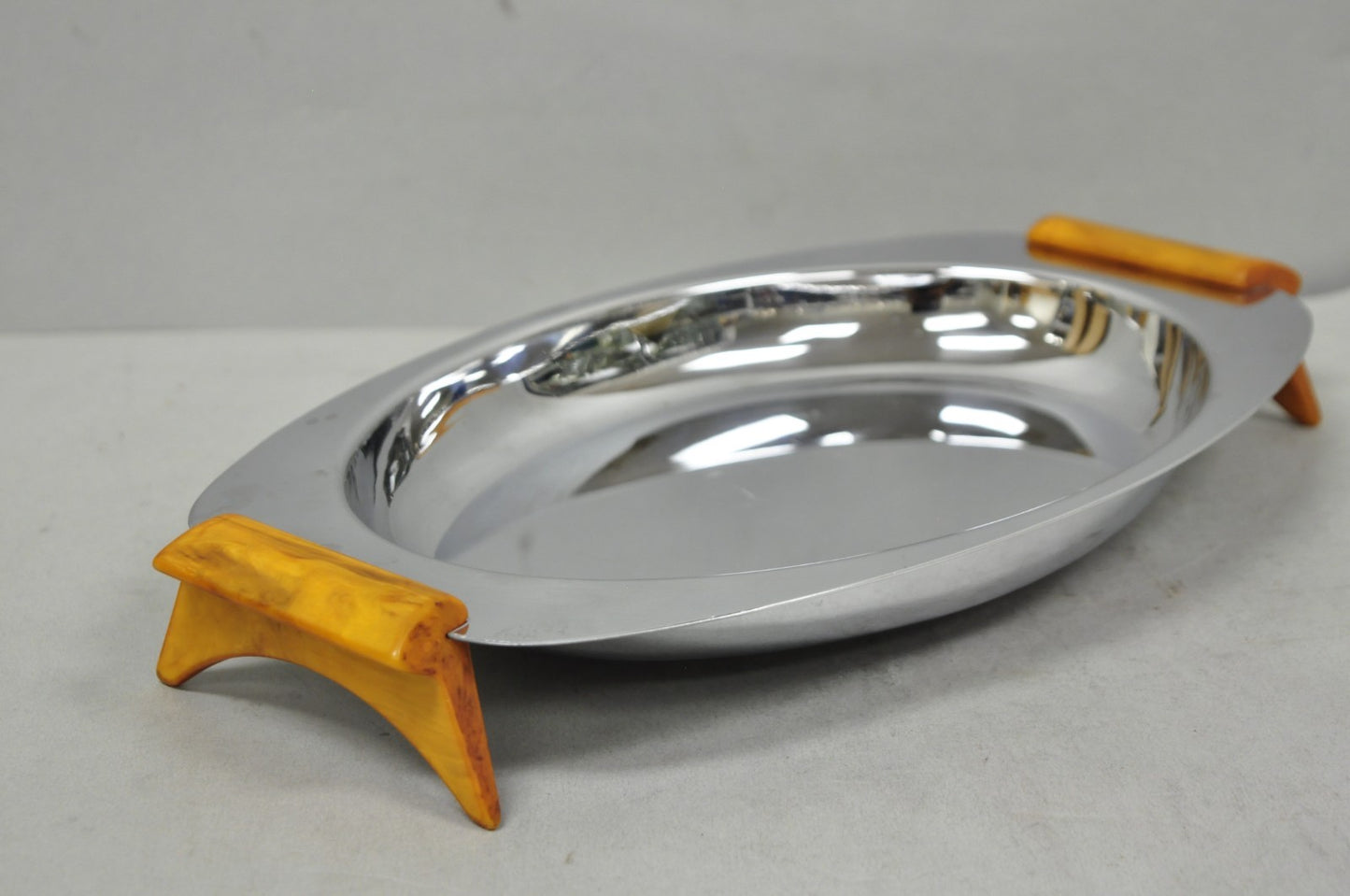 Vintage Art Deco Stainless Steel Glo-Hill Gourmates Butterscotch Bakelite Tray