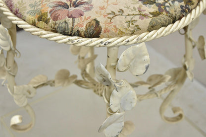 Vintage Italian Hollywood Regency White Metal Rope Floral Vanity Bench Stool