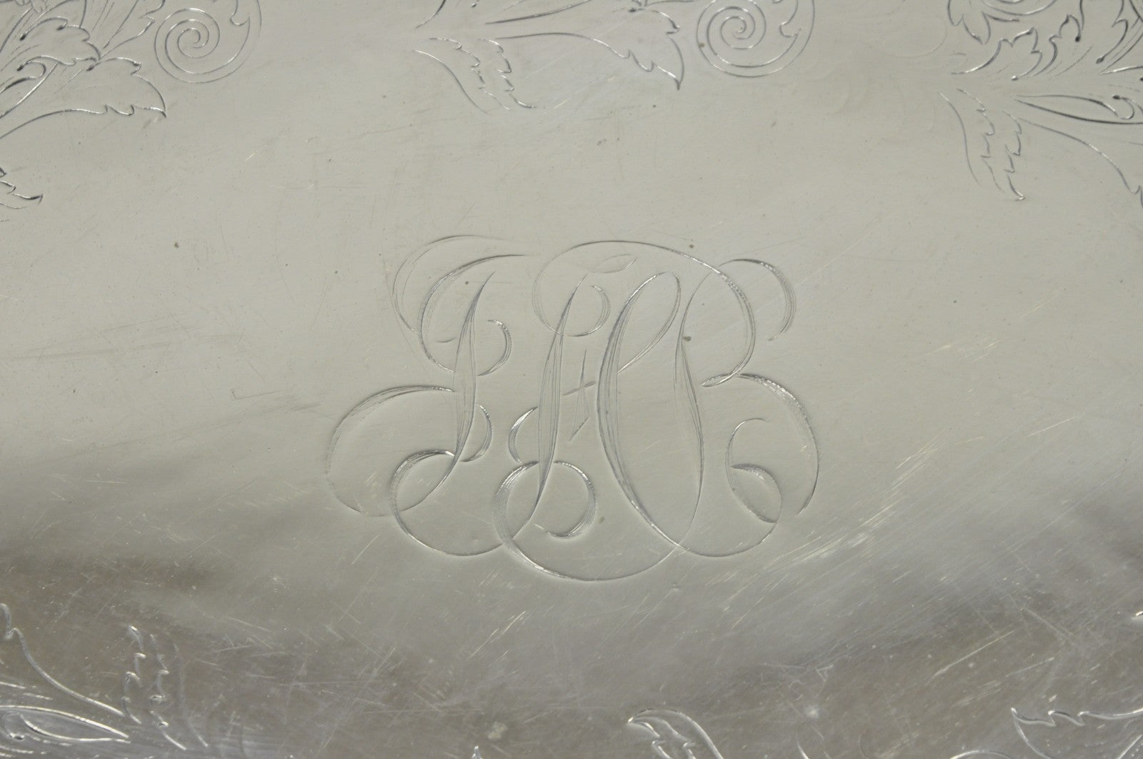 Antique English Victorian Silver Plated Grapevine Oval Bar Tray w/ Monogram