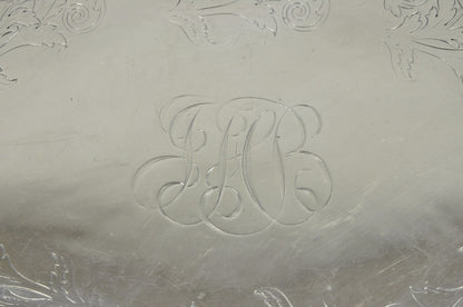 Antique English Victorian Silver Plated Grapevine Oval Bar Tray w/ Monogram