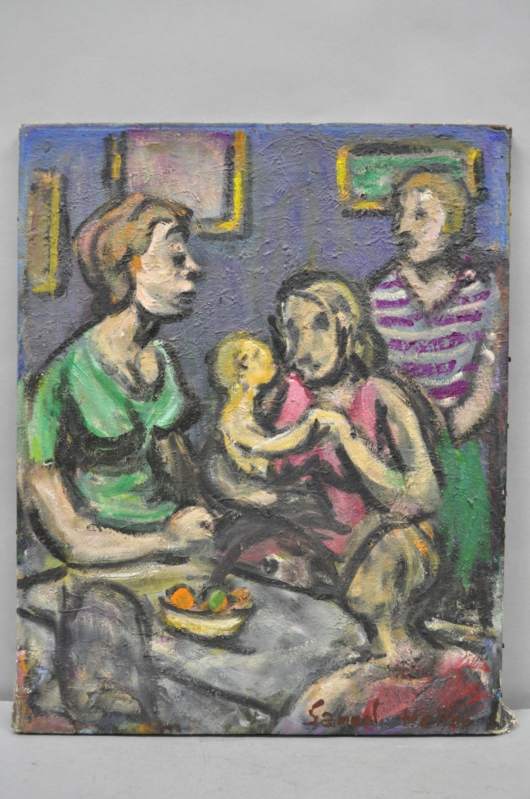 Vintage 1960s Samuel Heller "Women with Child" Oil on Canvas Painting, Signed