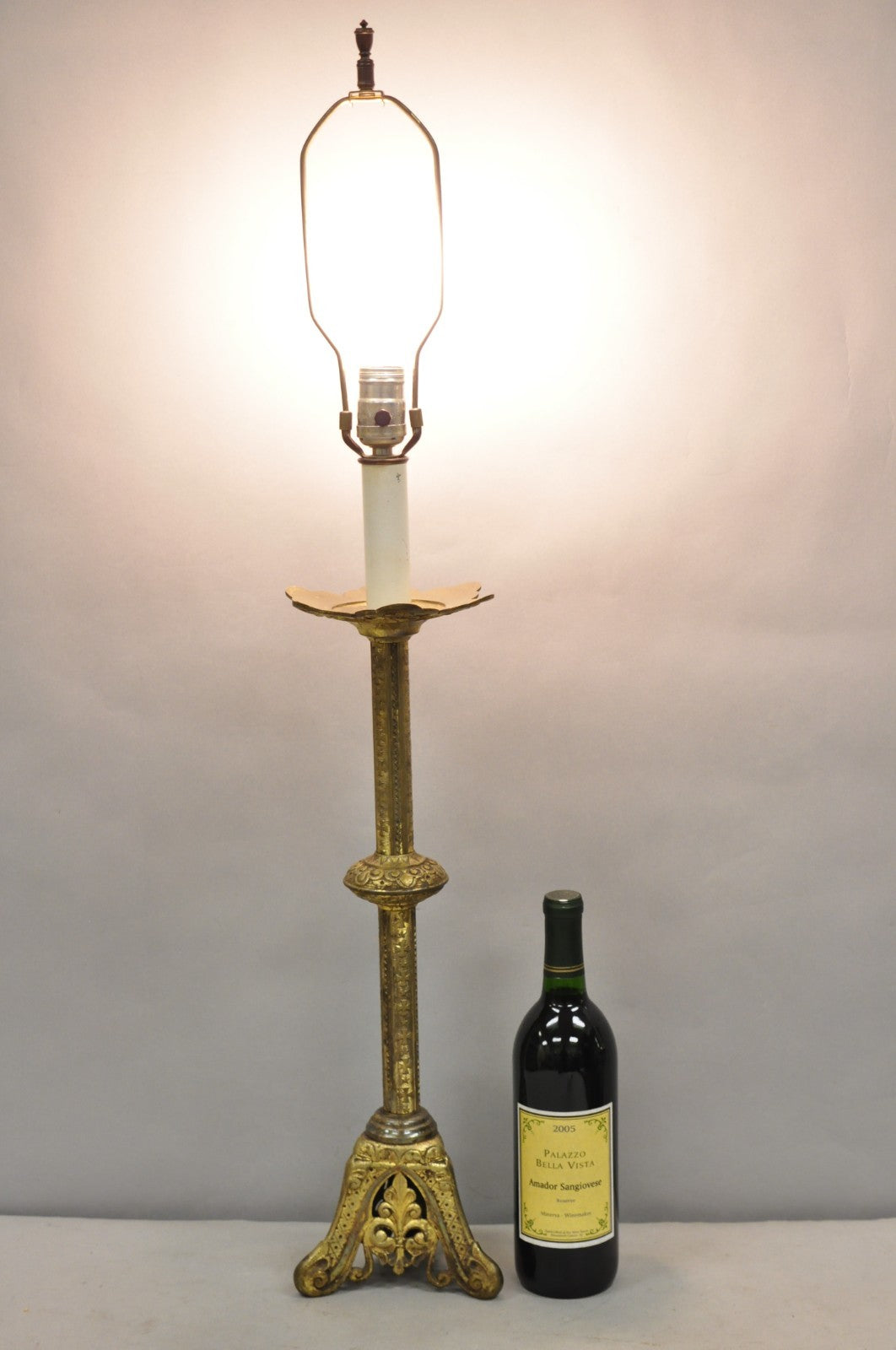 Antique French Renaissance Brass Religious Church Candlestick Table Lamp