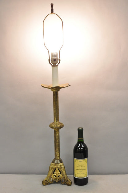Antique French Renaissance Brass Religious Church Candlestick Table Lamp