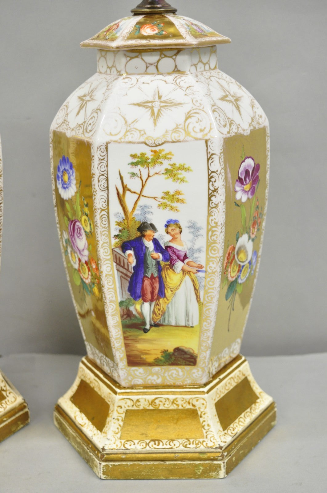 Antique French Victorian Hand Painted Gold Gilt Ginger Jar Table Lamps - a Pair