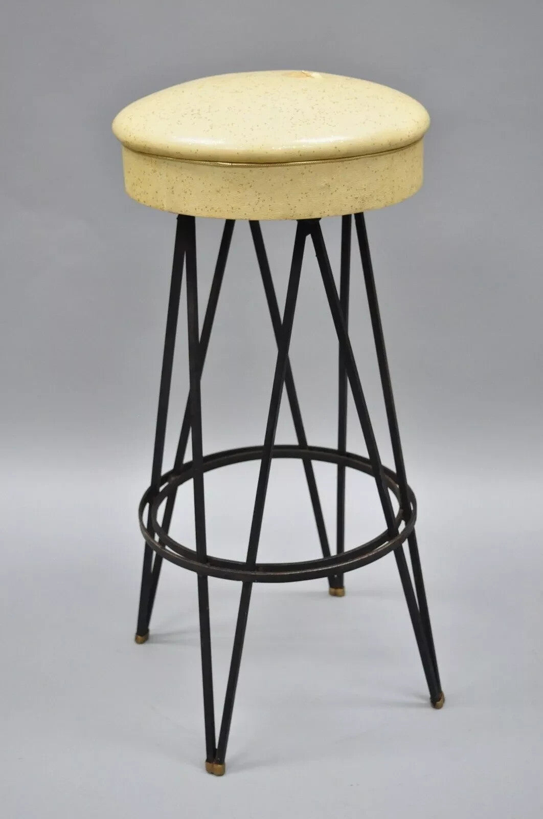 Vintage Mid Century Modern Atomic Era Swivel Wrought Iron Metal Hairpin Barstool