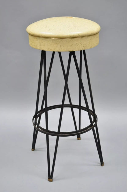 Vintage Mid Century Modern Atomic Era Swivel Wrought Iron Metal Hairpin Barstool