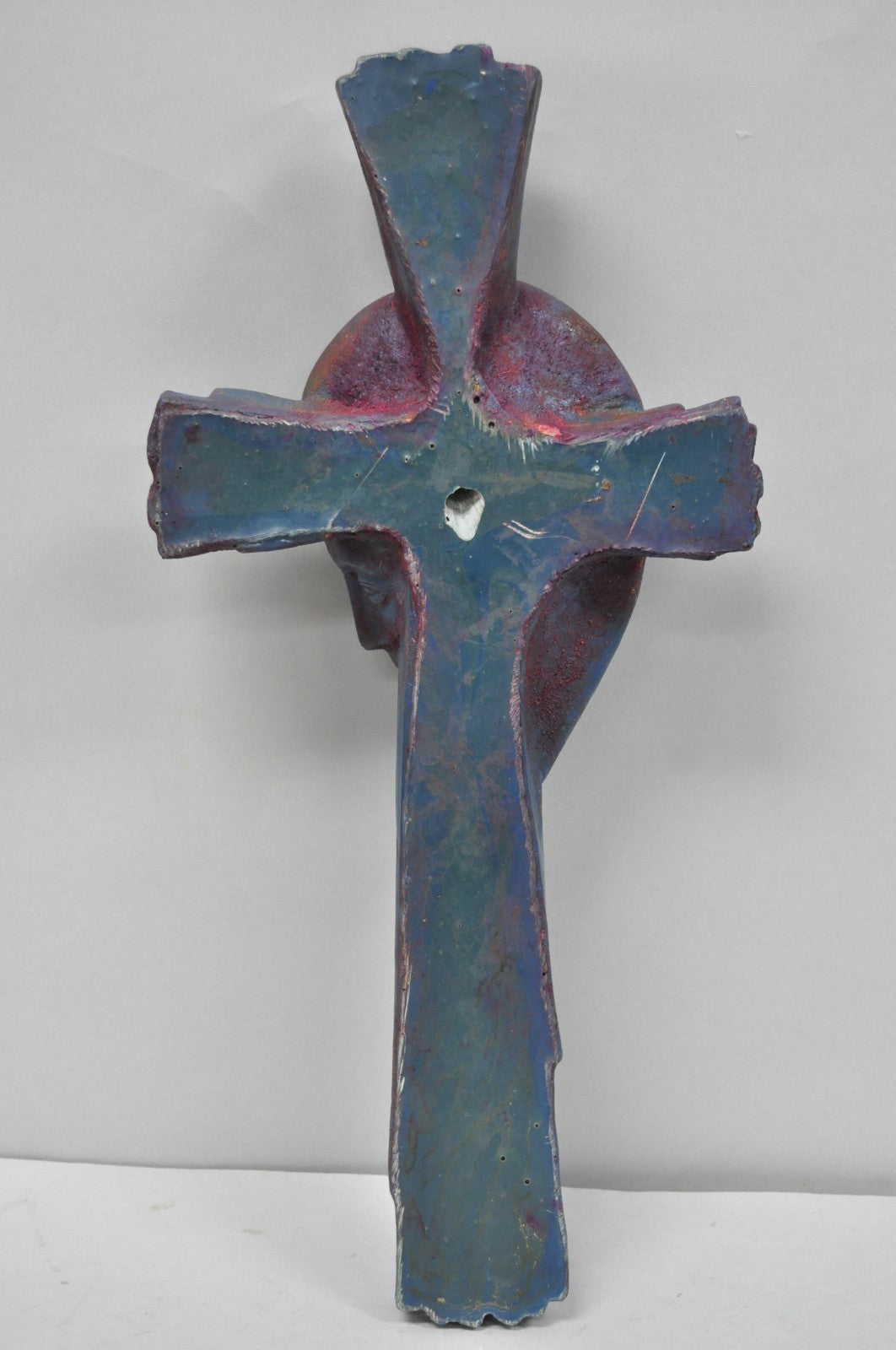 Vintage Religious Jesus Sculpted Resin Blue Mid Century Wall Crucifix Cross