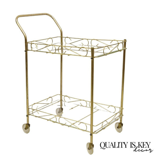 Vintage Mid Century Modern Gold Metal 2 Tier Rolling Bar Tea Cart Server