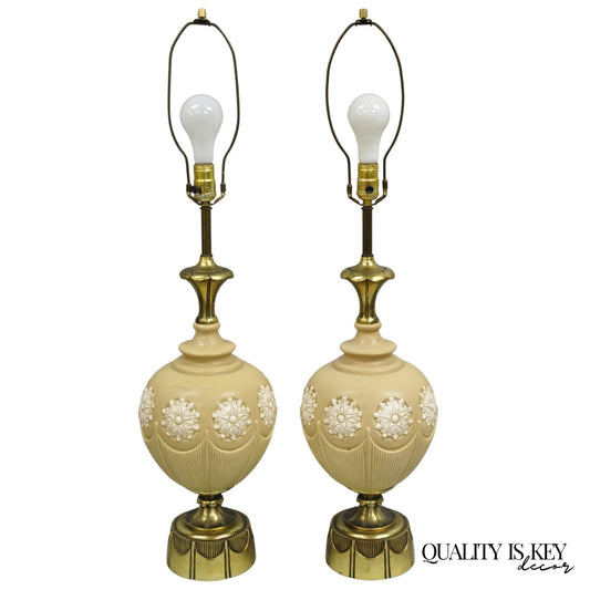 Vintage Hollywood Regency Beige Bulbous Ceramic Snowflake Table Lamps - a Pair