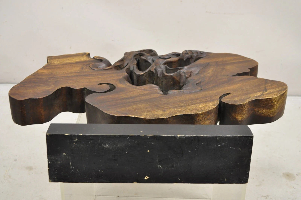Modern Organic Abstract Carved Teak Wood Large Modernist Table Art Sculpture