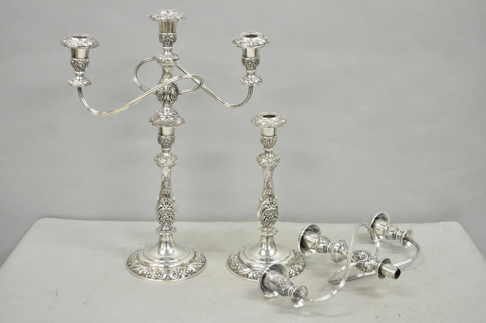 Heritage 1847 Rogers Bros 9416 Silver Plated 3 Arm Ornate Candelabra - a Pair