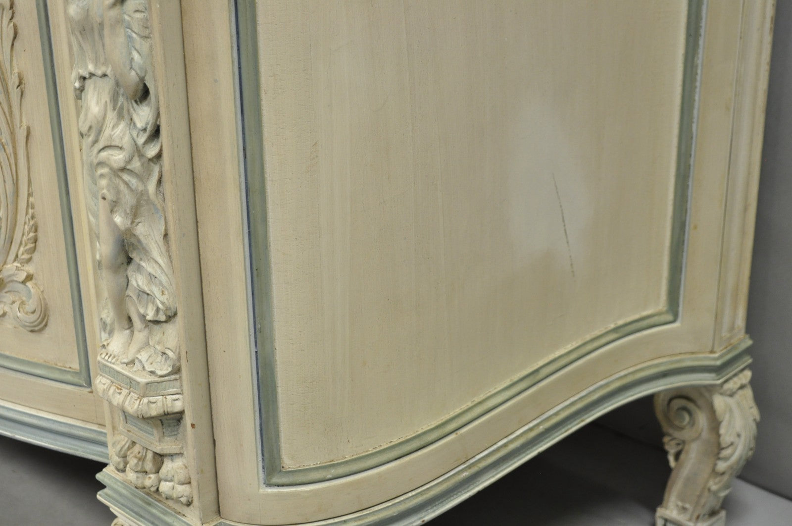 French Renaissance White Blue Painted Figural Carved Marble Top Buffet Commode