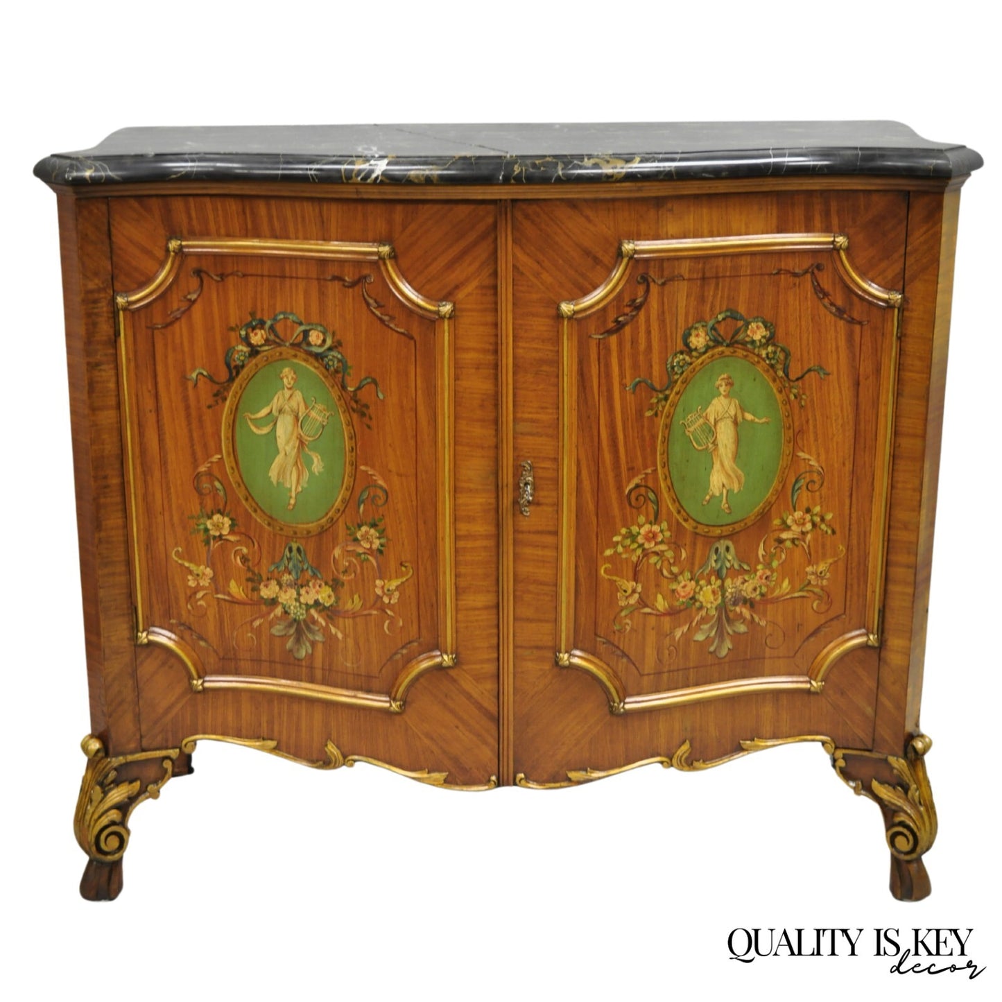 French Louis XV Adam Style Marble Top Kingwood Hand Painted Commode w/ Drawers