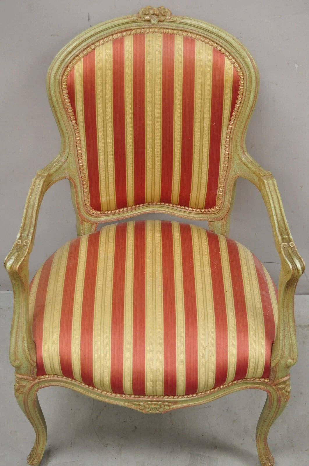 Vintage French Louis XV Style Green & Pink Painted Arm Chair w/ Striped Fabric