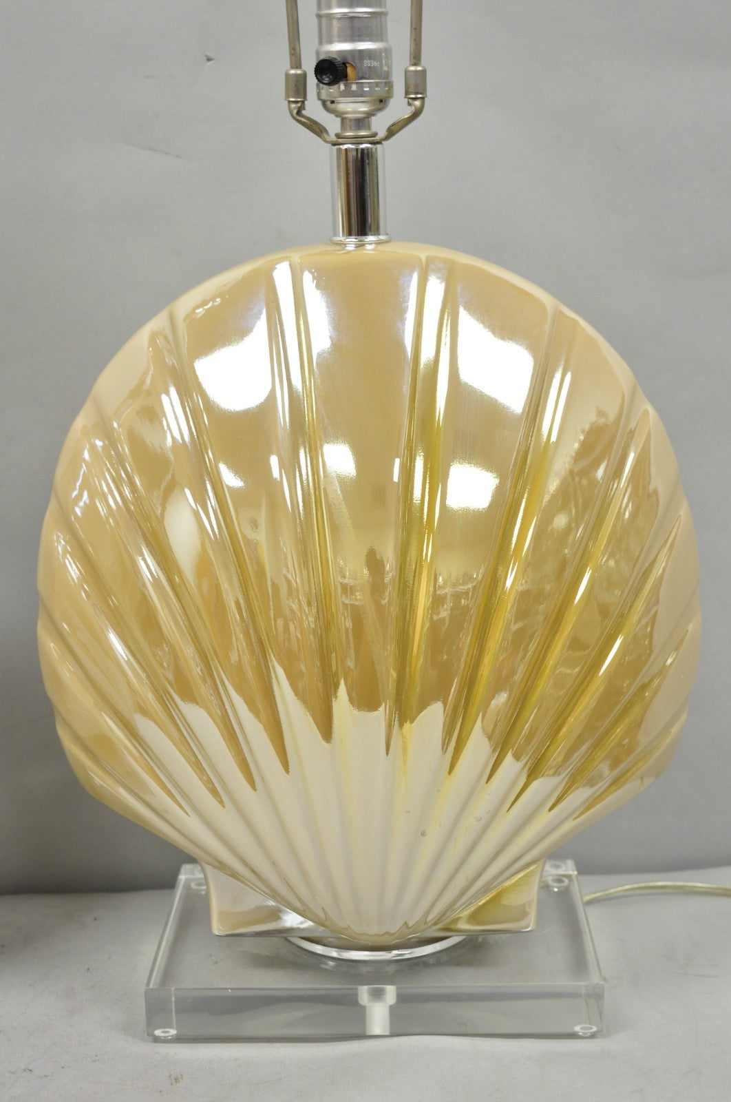 Mid Century Modern Iridescent Gold Ceramic Pottery Clam Shell Table Lamp - Pair