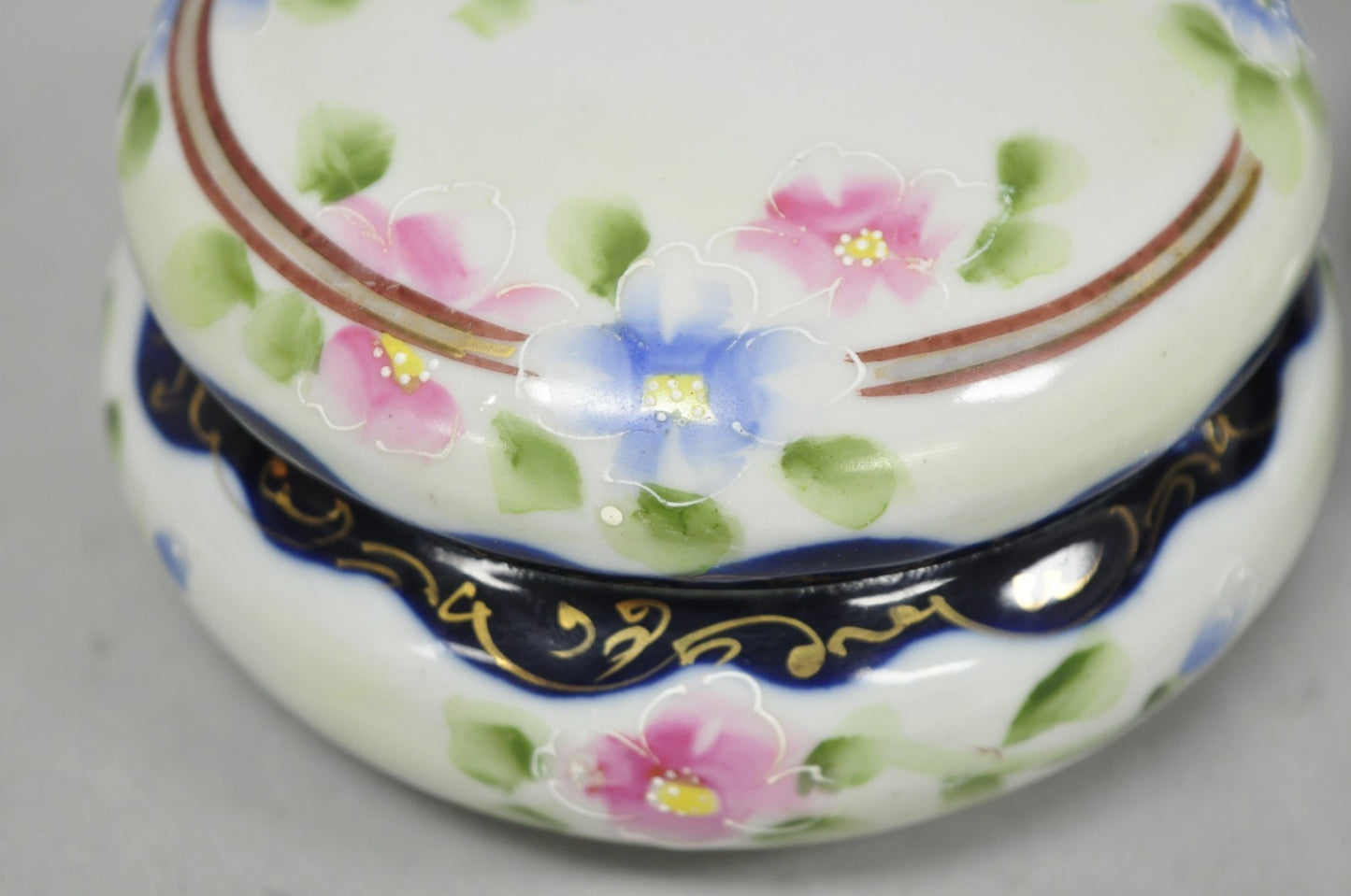 Victorian Japanese Hand Painted Porcelain Cobalt Blue Hair Receiver & Powder Jar