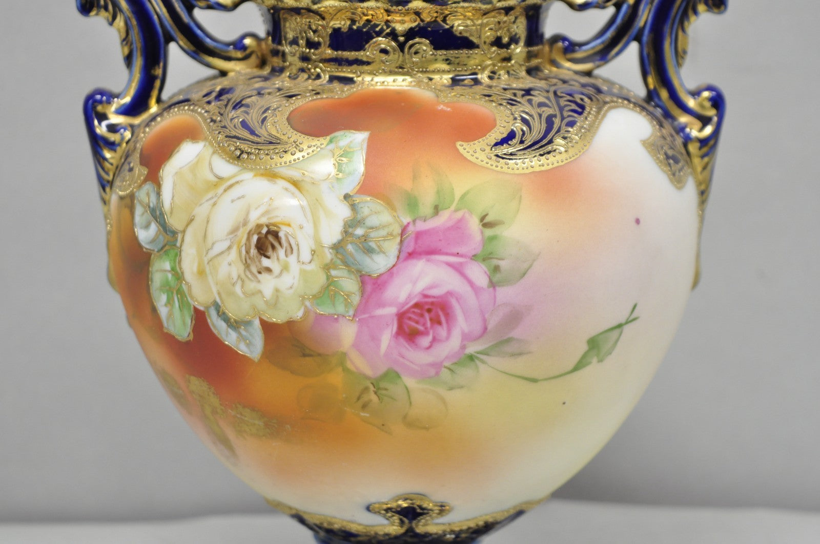 Antique Nippon Hand Painted Floral Design Cobalt Blue Porcelain Bolted Urn Vase