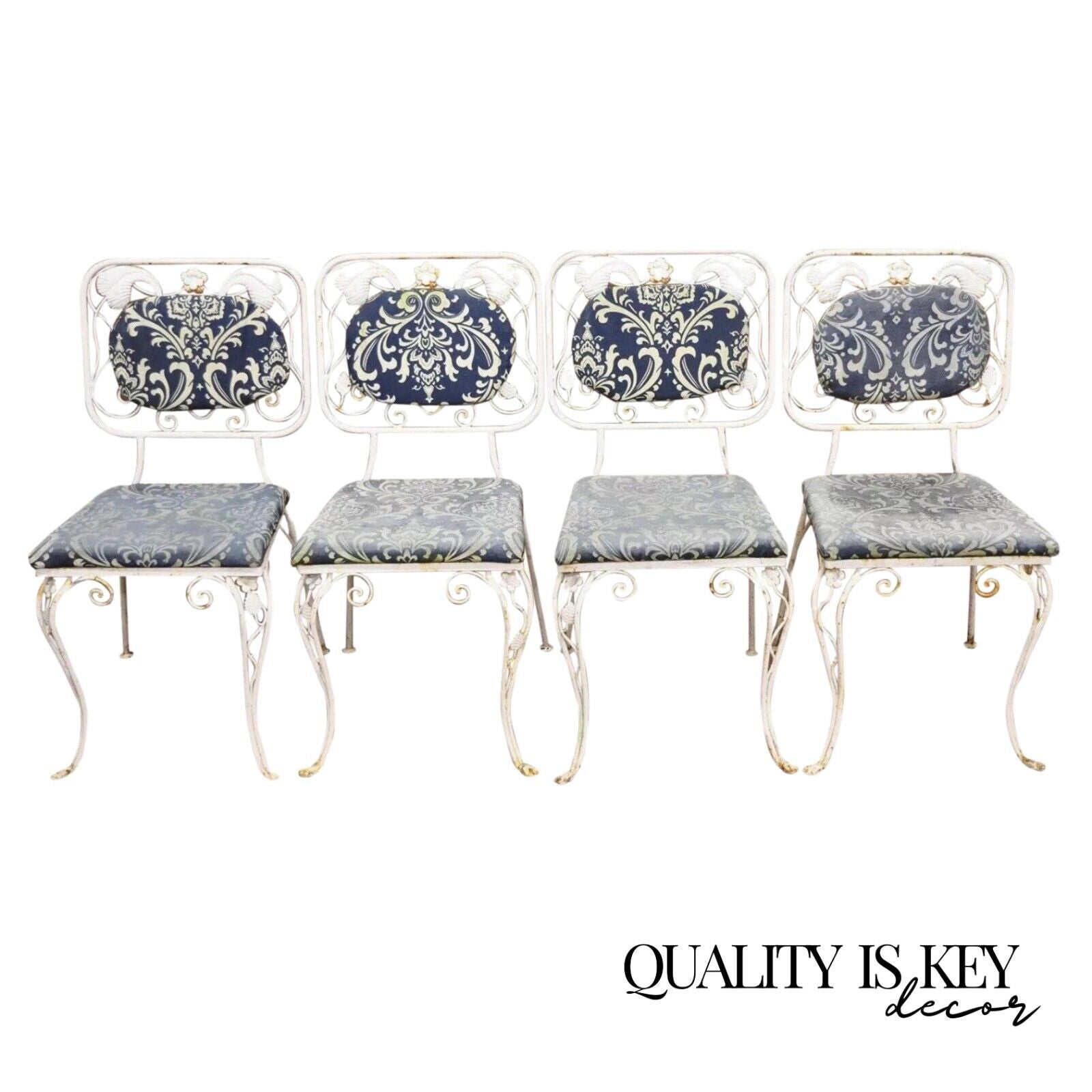 Vintage Art Nouveau Style Floral Wrought Iron Garden Dining Chairs - Set of 4