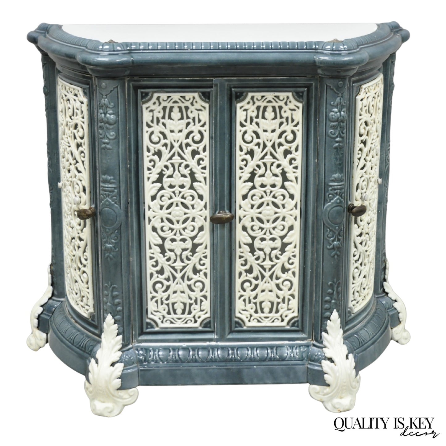 Antique French Victorian Blue White Porcelain Enamel Cast Iron Radiator Cover