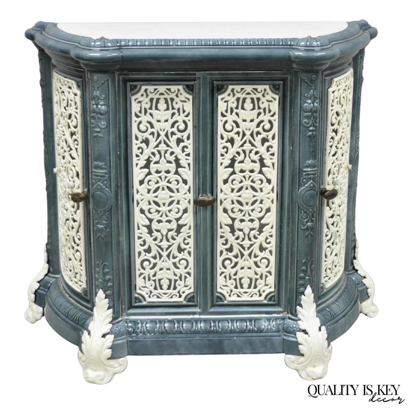 Antique French Victorian Blue White Porcelain Enamel Cast Iron Radiator Cover