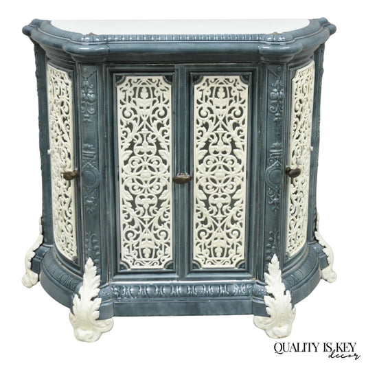 Antique French Victorian Blue White Porcelain Enamel Cast Iron Radiator Cover