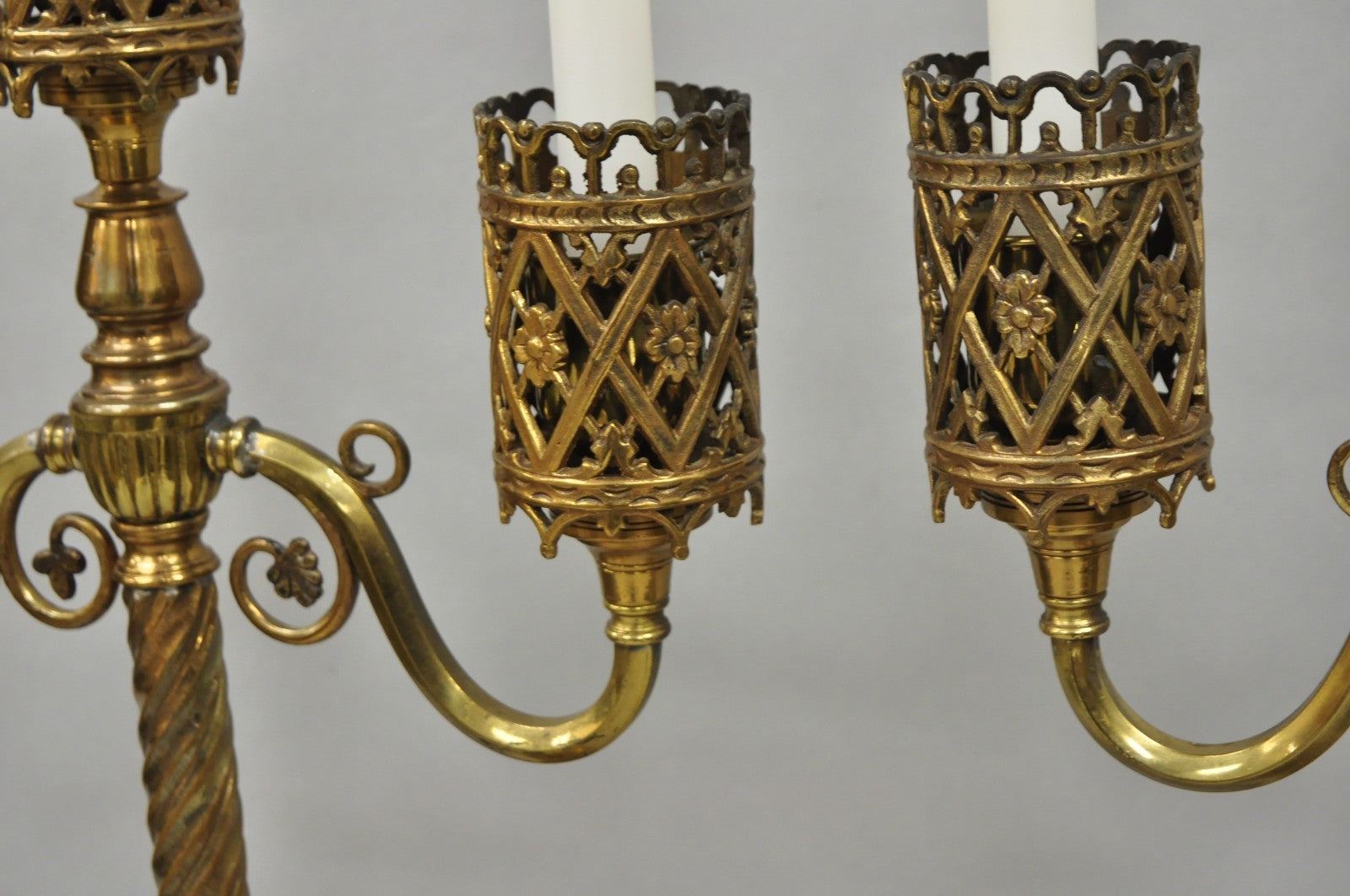 Oscar Bach French Renaissance Gothic Brass 3 Arm Candelabra Table Lamps - a Pair