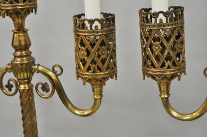 Oscar Bach French Renaissance Gothic Brass 3 Arm Candelabra Table Lamps - a Pair