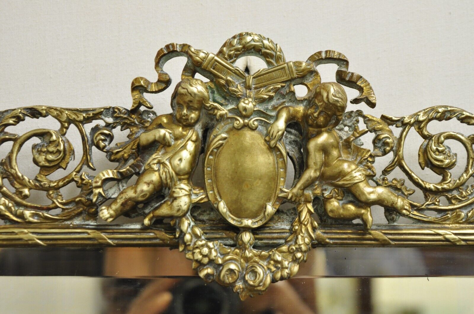 Antique French Renaissance Louis XV Gilt Bronze Figural Cherubs Beveled Mirror