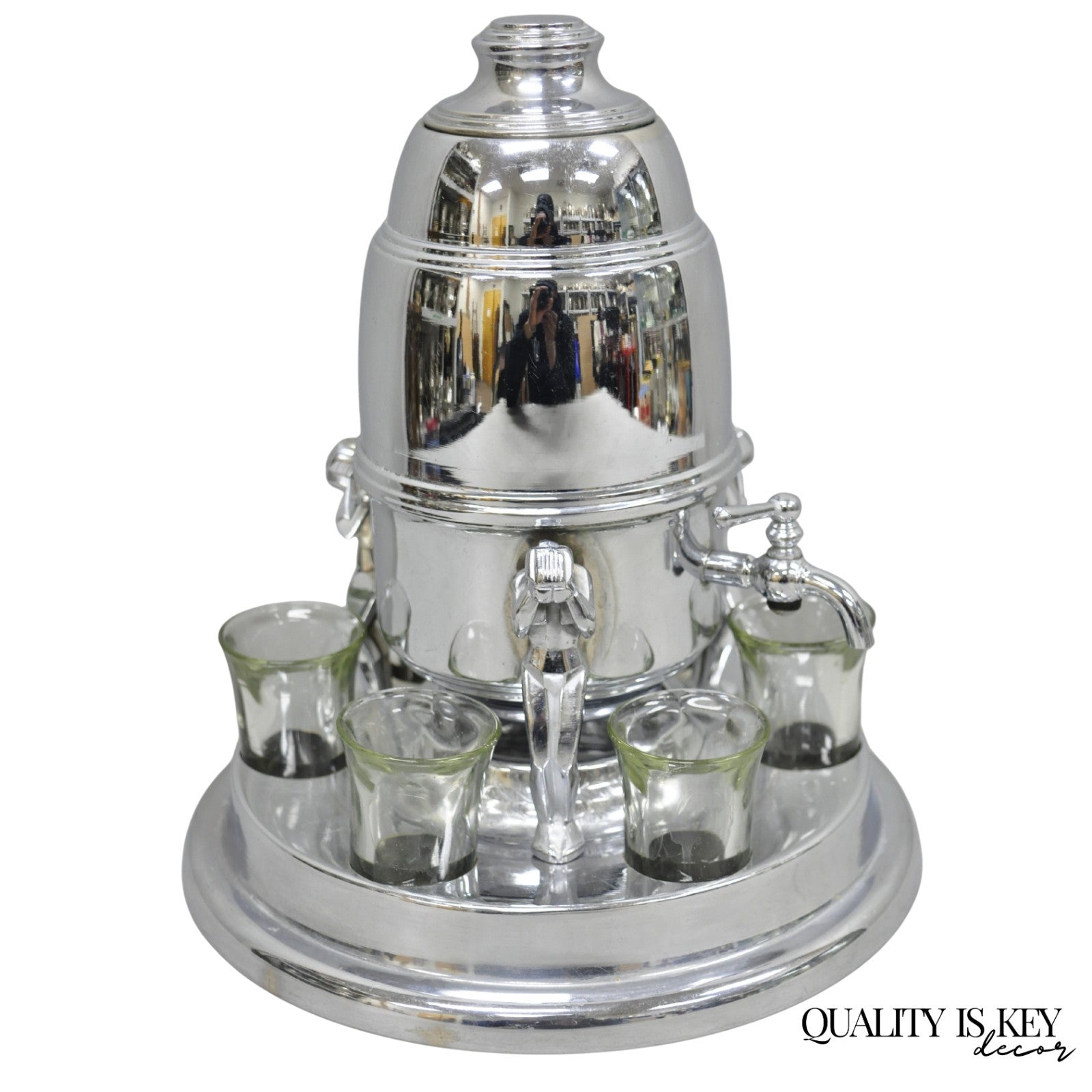 Vintage Art Deco Figural Chrome Metal Barware Samovar Decanter w/ Shot Glasses