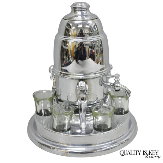 Vintage Art Deco Figural Chrome Metal Barware Samovar Decanter w/ Shot Glasses