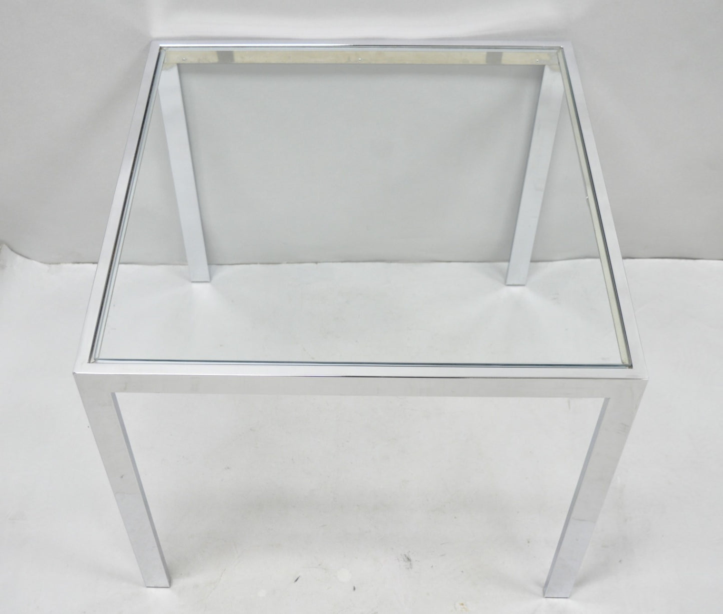 Mid Century Modern Polished Chrome Glass Top Square Occasional Side End Table