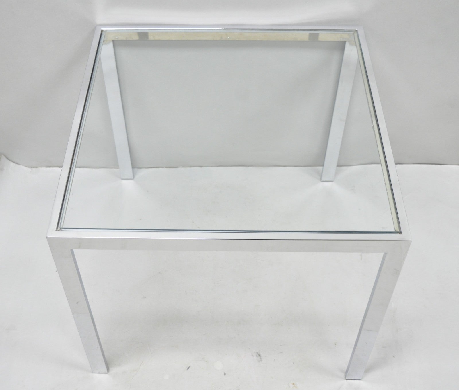 Mid Century Modern Polished Chrome Glass Top Square Occasional Side End Table
