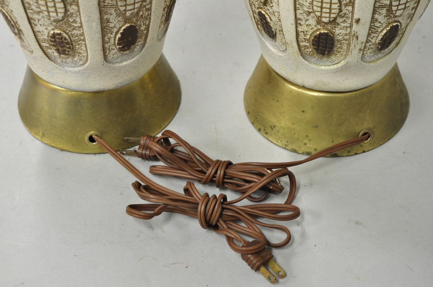 Vintage Mid Century Modern Ceramic Pottery Sculpted Teak Wood Table Lamps - Pair