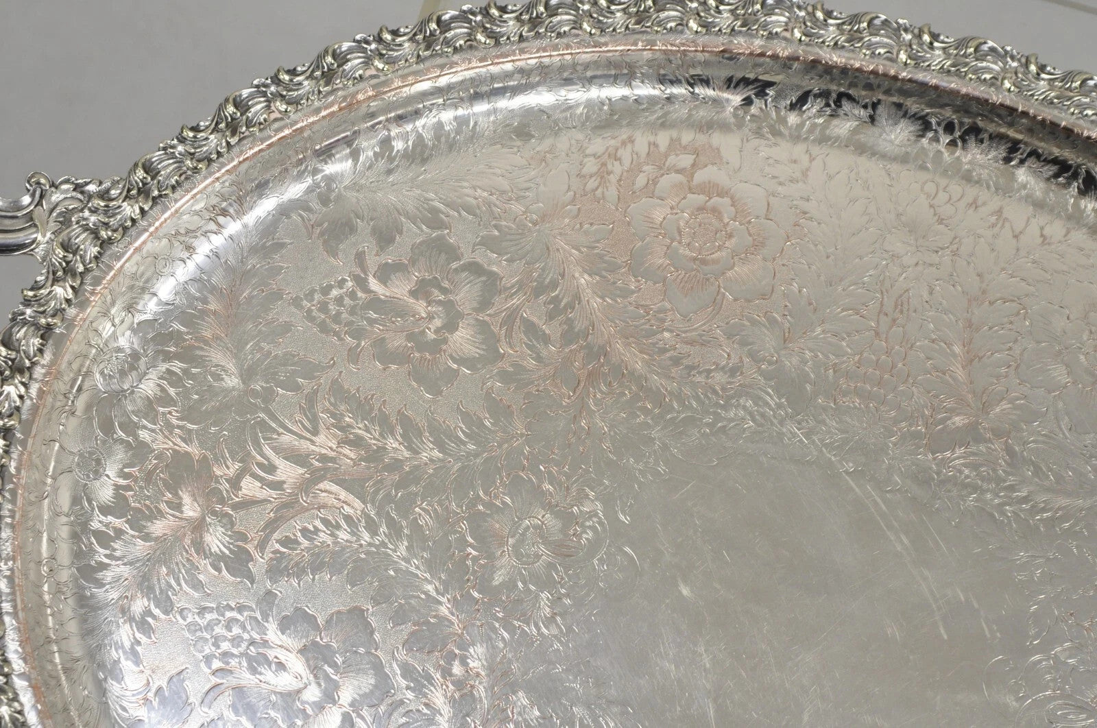 Antique English Victorian Silver Plated Repousse Oval Serving Platter Bar Tray