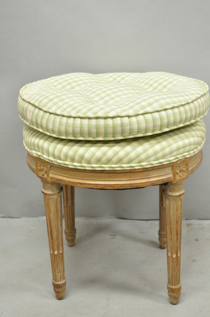 Vintage French Country Louis XVI Style Round Seat Carved Vanity Stool Chair