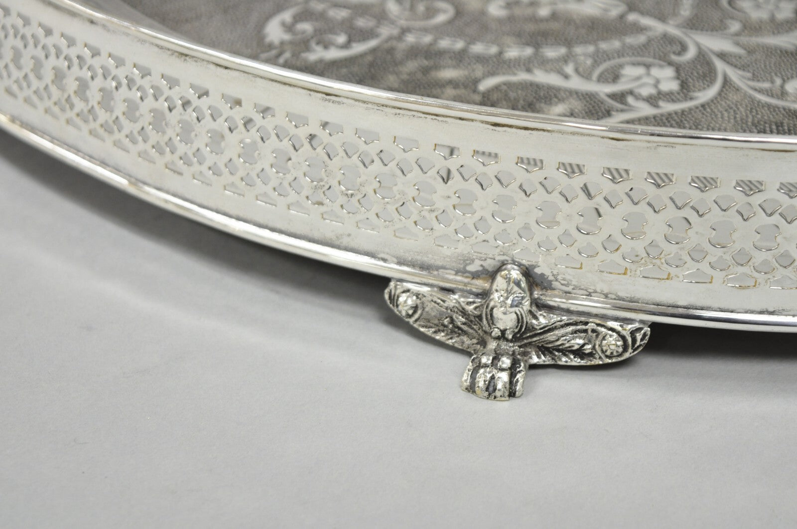 Vintage English Edwardian Style Oval Silver Plated Raised Gallery 21" Bar Tray