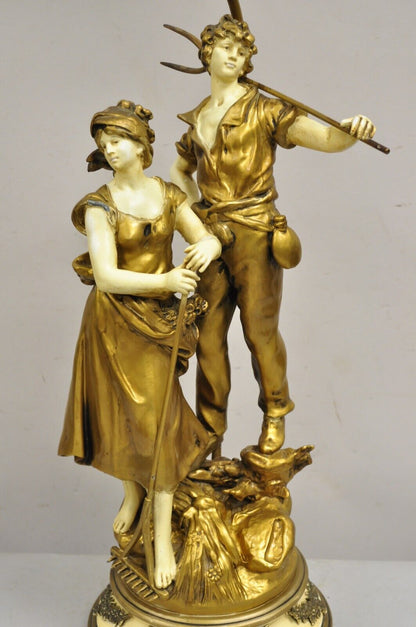 Antique French Renaissance Moreau Figural Metal Table Lamp, Wife & Farmer