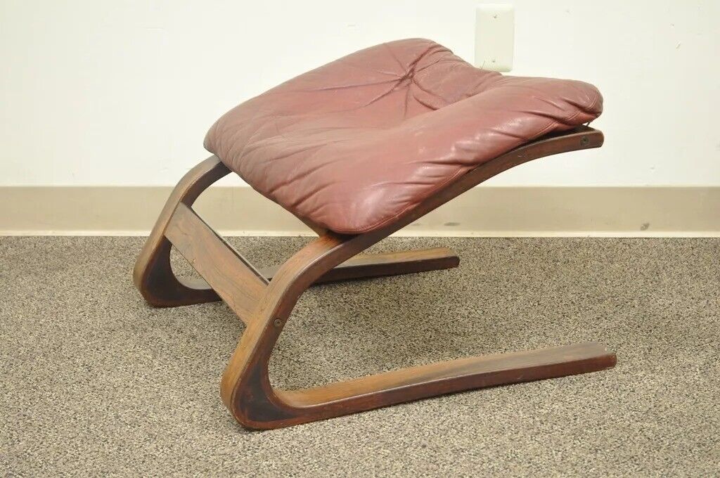 Rybo Rykken Mid Century Modern Rosewood Leather Kengu Lounge Chair and Ottoman