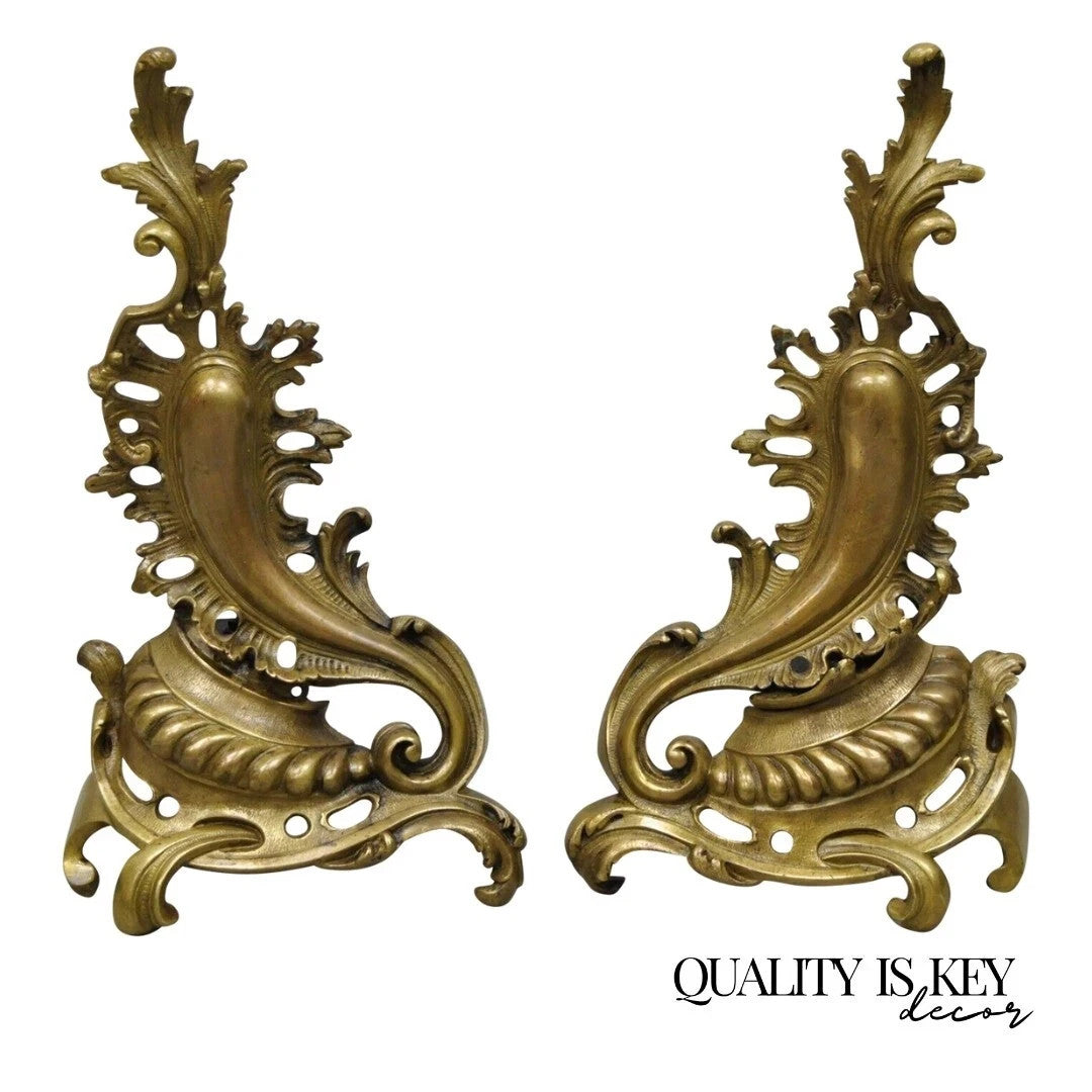 Vintage French Rococo Bronze Acanthus Leafy Scroll Fireplace Andirons - a Pair