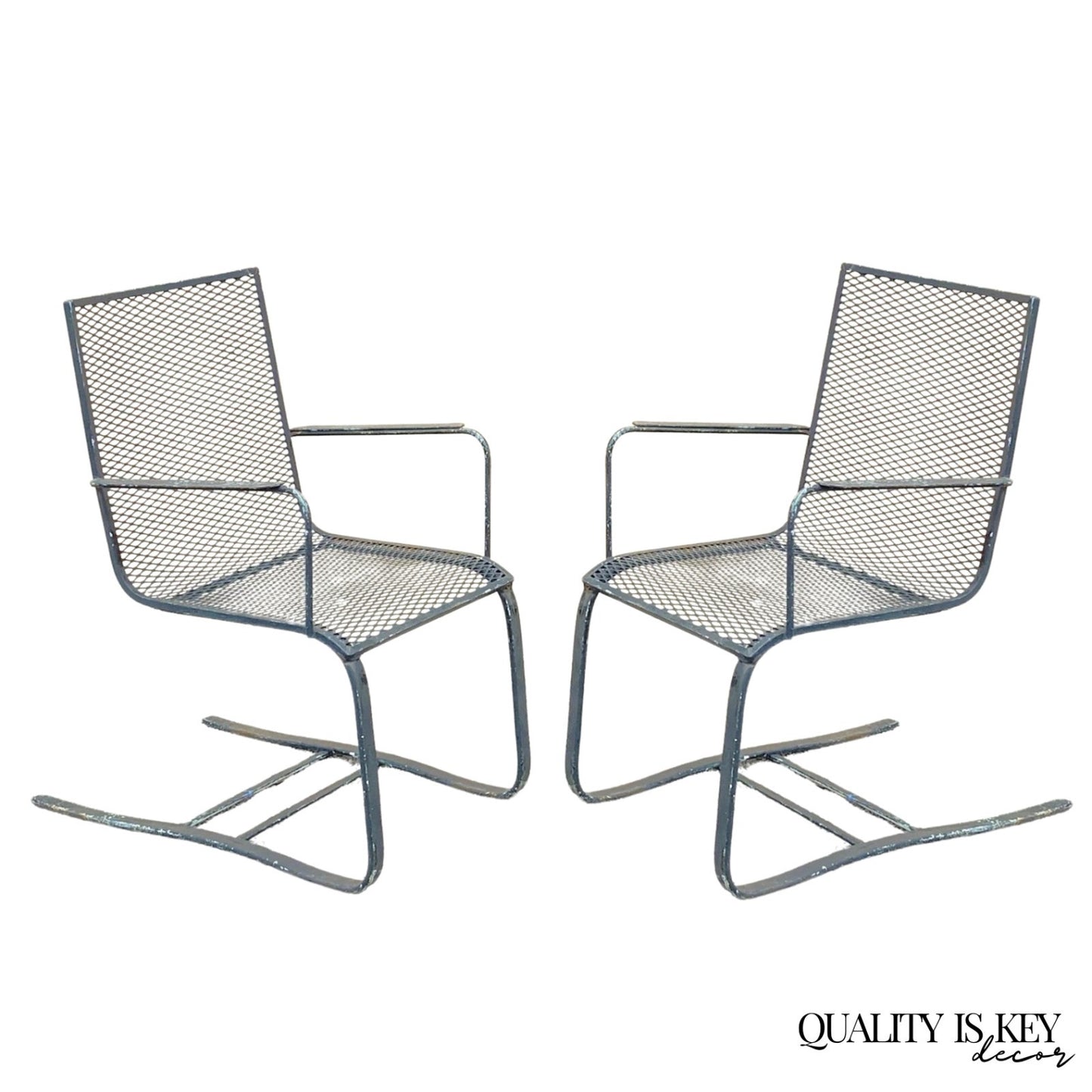 Mid Century Modern Wrought Iron Metal Mesh Cantilever Garden Patio Chair - Pair