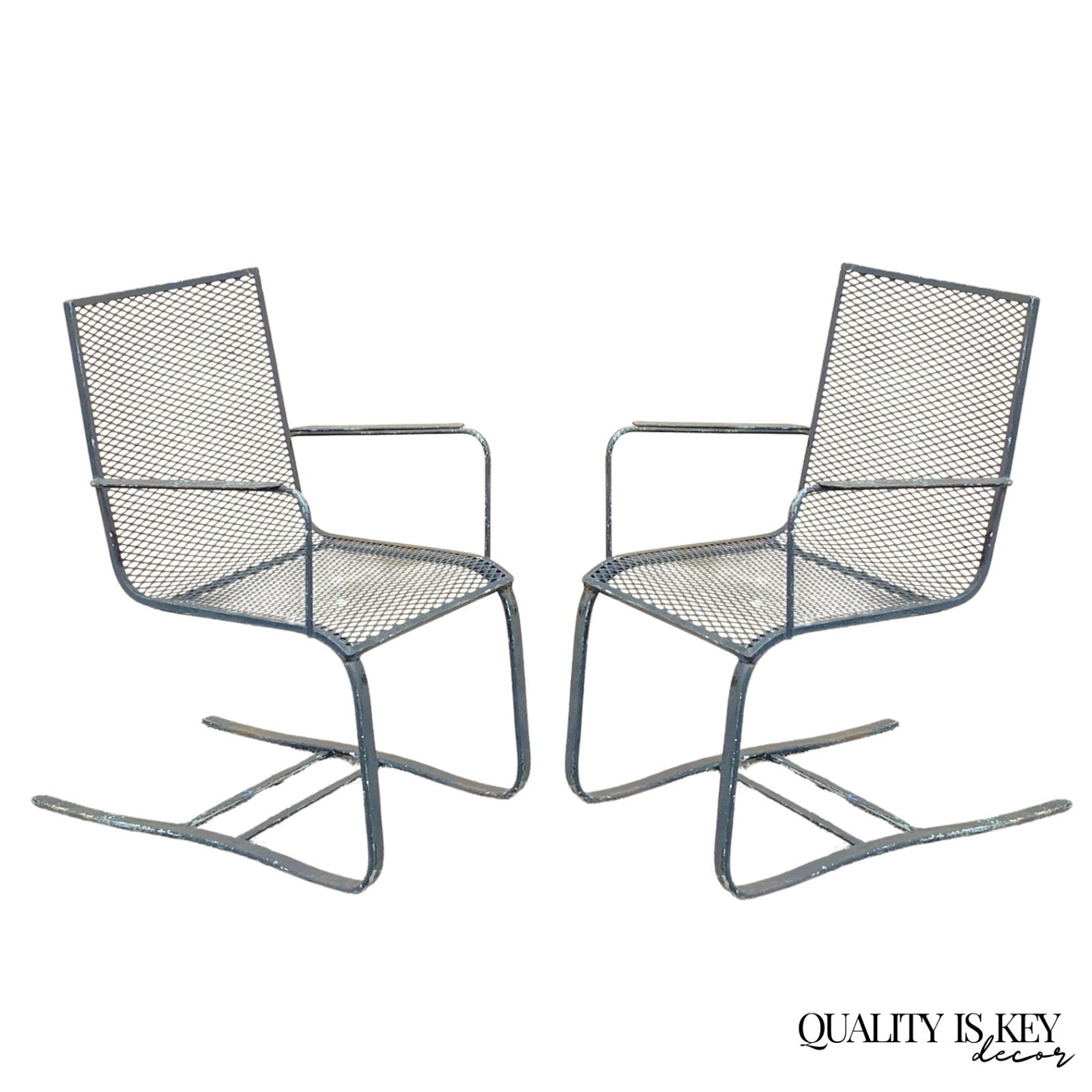 Mid Century Modern Wrought Iron Metal Mesh Cantilever Garden Patio Chair - Pair