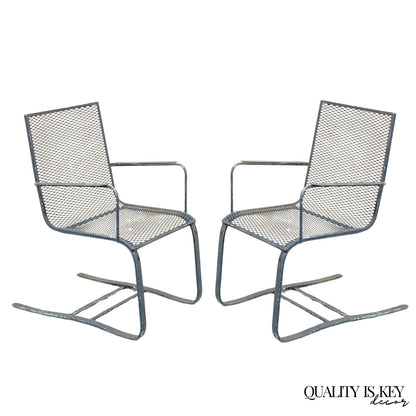 Mid Century Modern Wrought Iron Metal Mesh Cantilever Garden Patio Chair - Pair