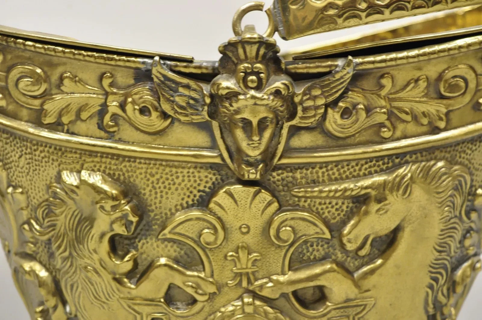 Antique English Renaissance Unicorn & Lion Brass Figural Coal Bucket Log Bin