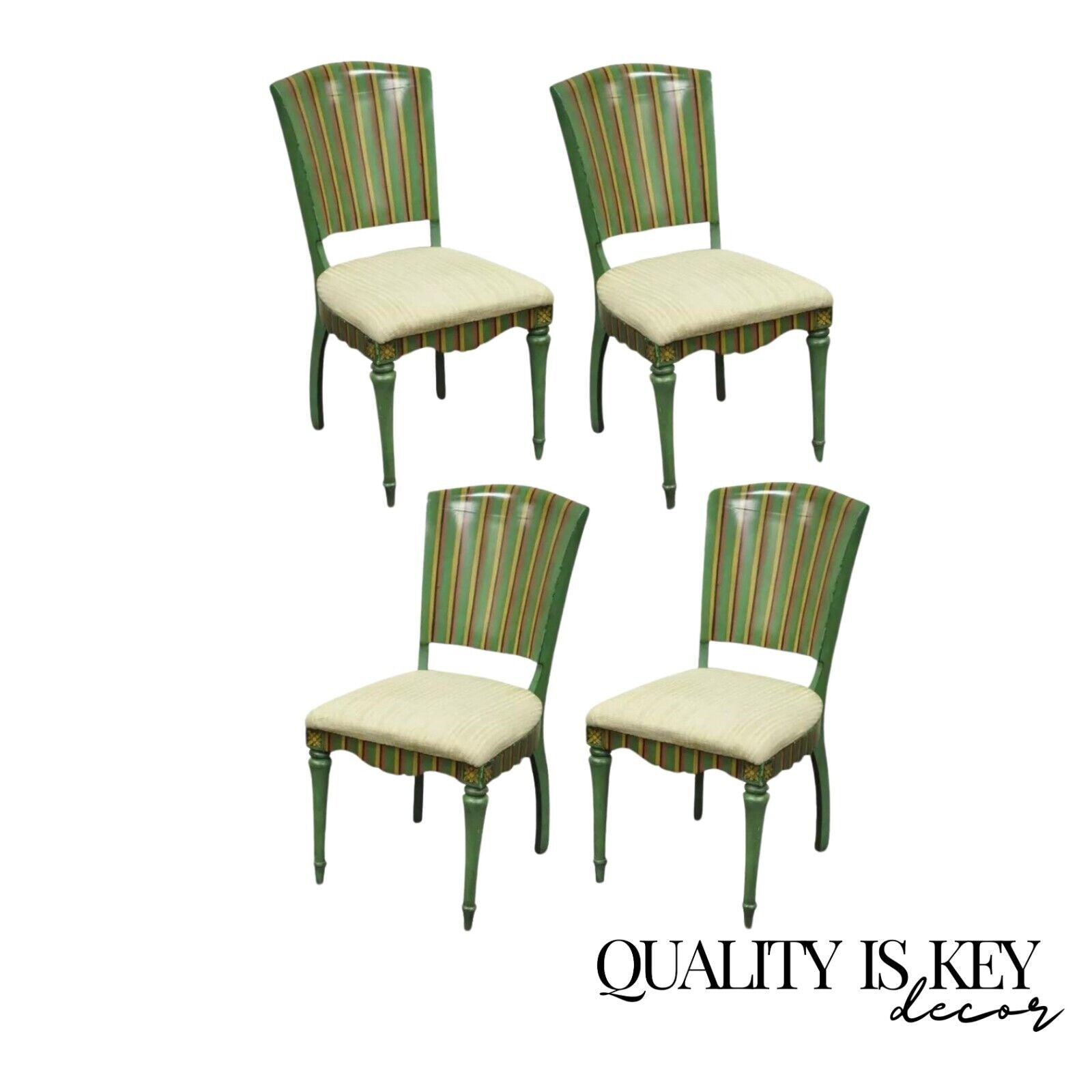 French Country Style Hollywood Regency Green Painted Dining Side Chairs - Set 4