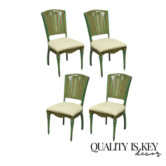 French Country Style Hollywood Regency Green Painted Dining Side Chairs - Set 4